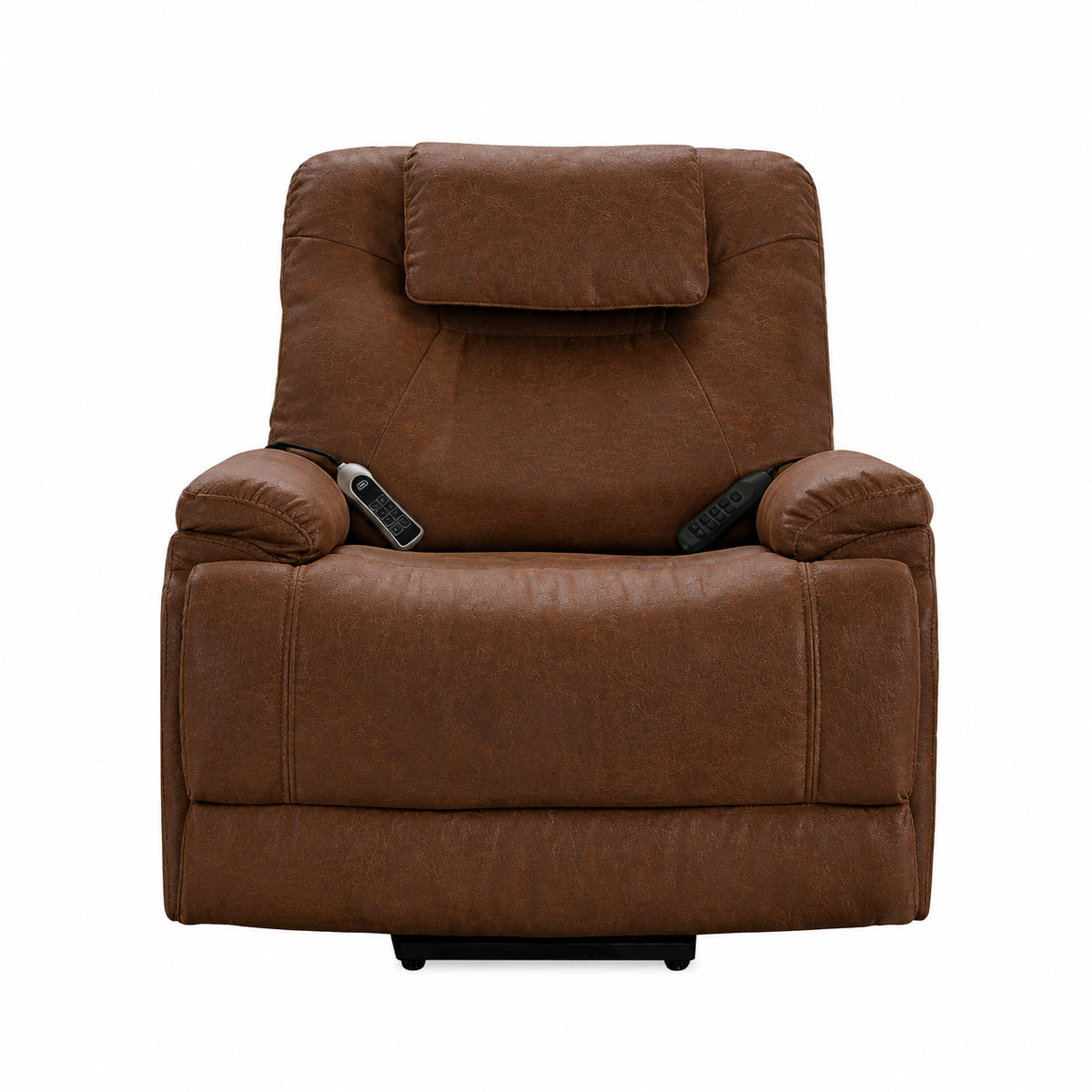 Brown recliner chair with remote control on a white background