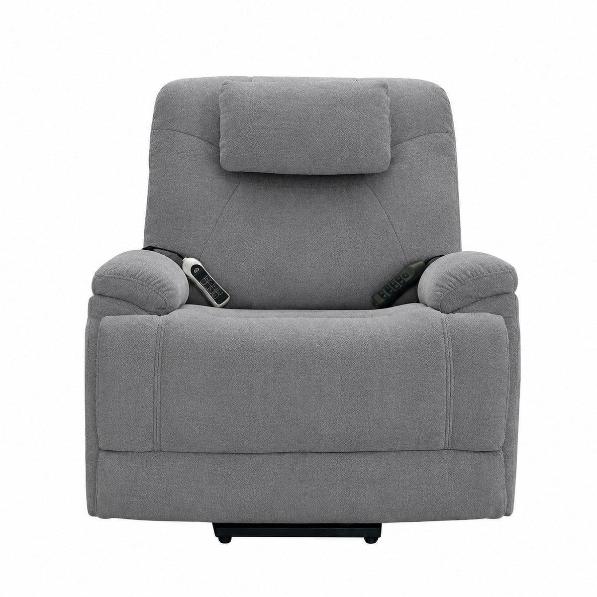 Gray recliner chair with armrest controls on a white background