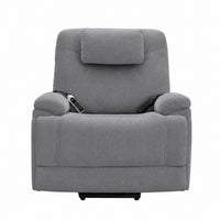 Gray recliner chair with armrest controls on a white background